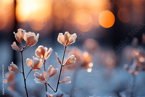 An enchanting background displaying frosted wildflowers illuminated by the sunrise, with a softly blurred backdrop. Photorealistic illustration, Generative AI © DIMENSIONS