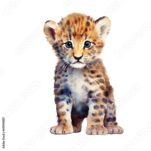 Baby leopard watercolor clipart on transparent background. Generative AI illustration