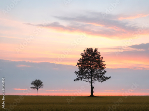 Single tree on field during sunset