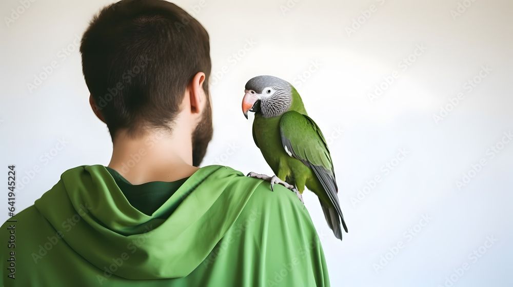 Naklejka premium Beautiful green Monk parrot sitting on shoulder of man.