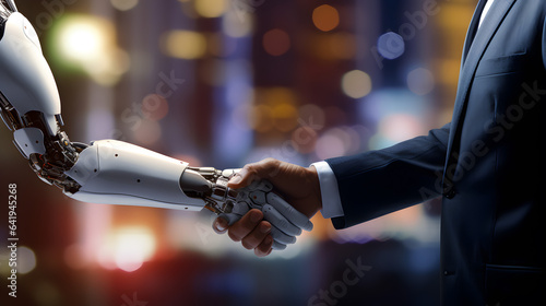 Robot and businessman in handshake. Concept of human robot relationships. © ZayWin