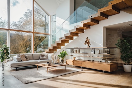 interior of modern house  living room with sofa and wooden stairs and panoramic windows