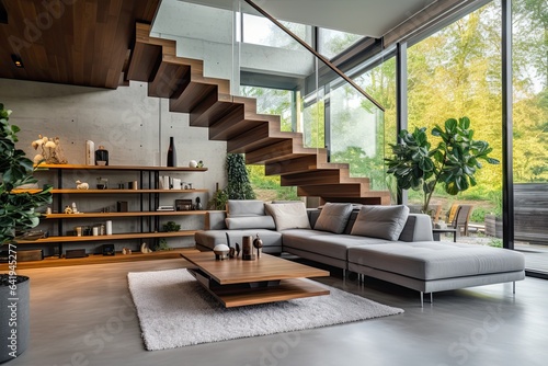 interior of modern house, living room with sofa and wooden stairs and panoramic windows