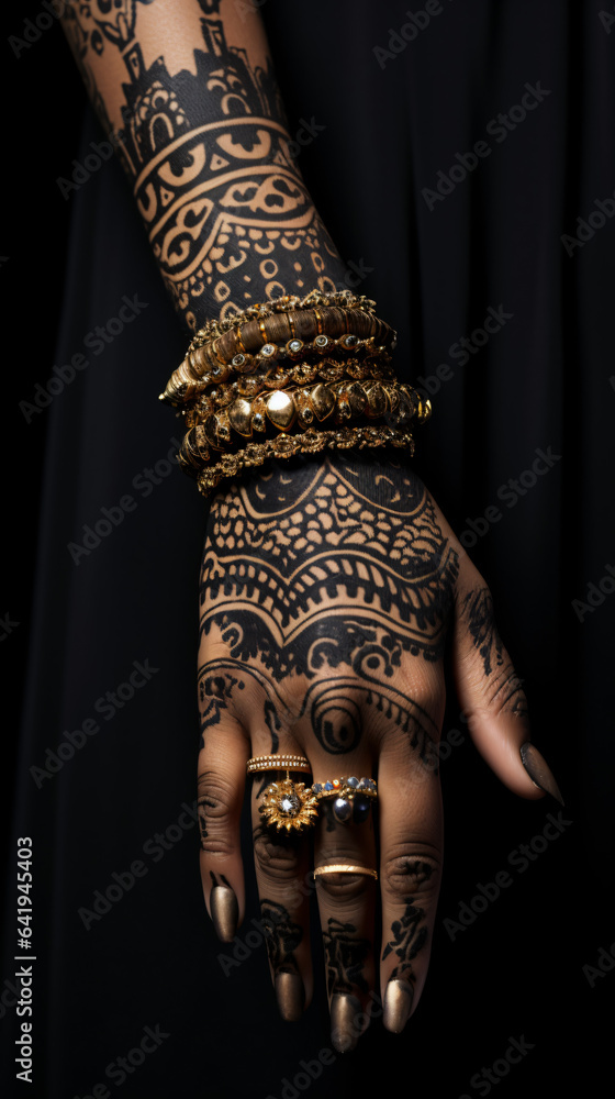 Black womans hand with gold jewelry