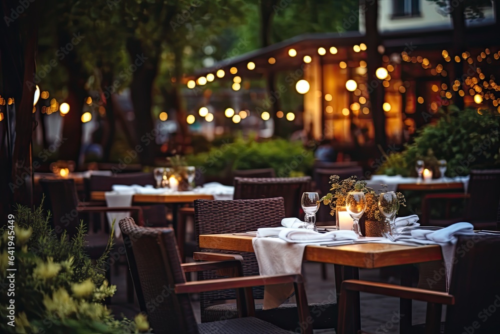 Luxury restaurant with tables and chairs in the evening. Restaurant exterior Luxury restaurant with tables and chairs in the evening. Restaurant exterior