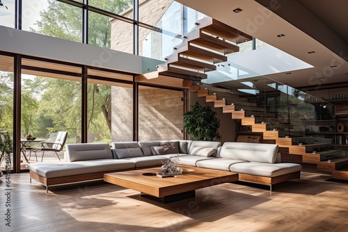 interior of modern house, living room with sofa and wooden stairs and panoramic windows