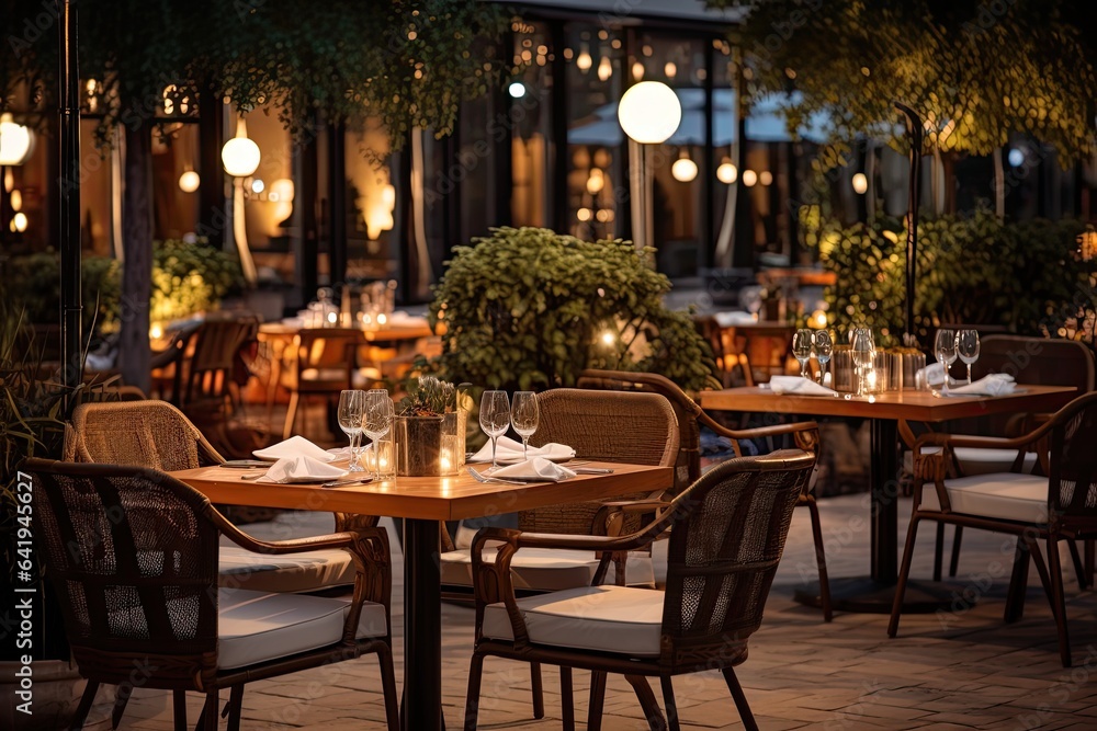 Luxury restaurant with tables and chairs in the evening. Restaurant exterior