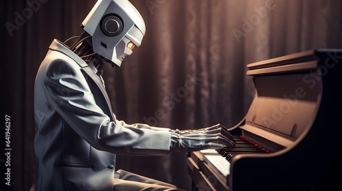 AI robot musician playing piano. Futuristic entertainment