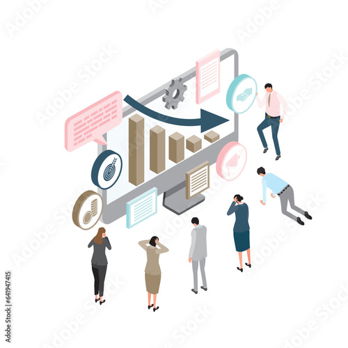 アイソメトリック_業績がダウンして悲しんでいるビジネスマンたち