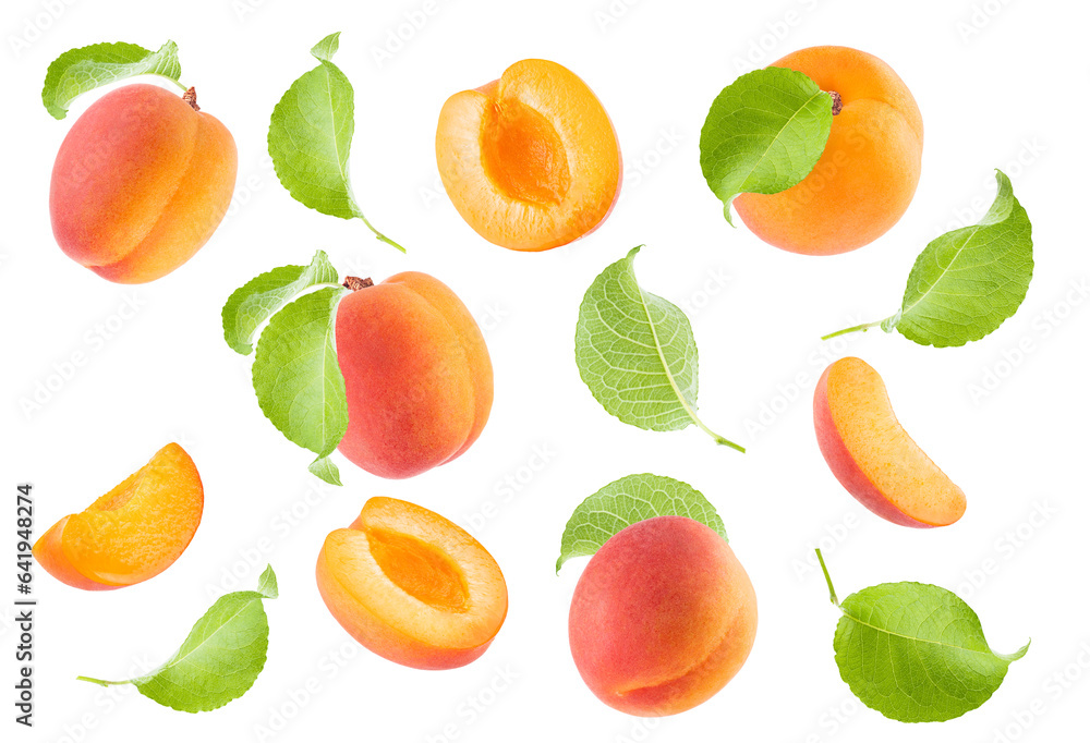Bright orange apricot, pink side, green leaves pattern isolated on white background, set. Whole and piece fruits levitated, closeup, different sides. Summer  fruits - design element for advertising.