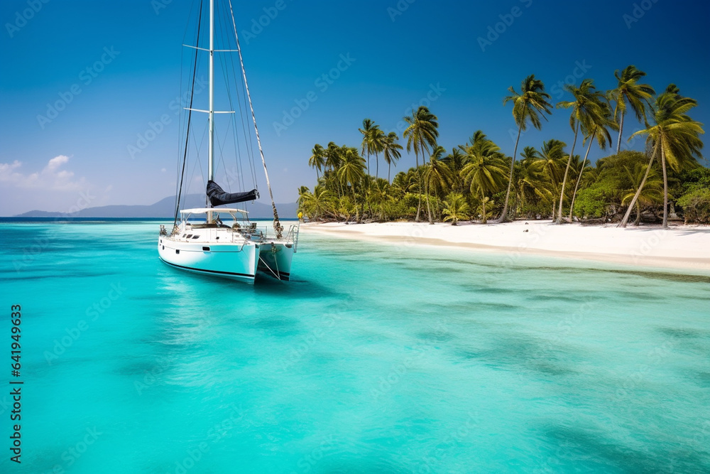 Aerial view of beautiful white sand beach with crystal clear turquoise water and yacht
