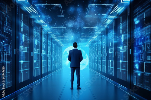 Back view of businessman standing in server room with binary code concept. 3D Rendering