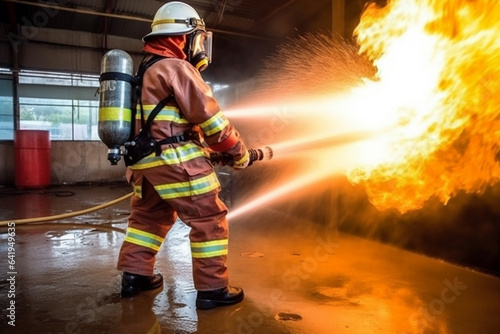 Firefighter and fire extinguisher in action. Firefighter fighting fire.