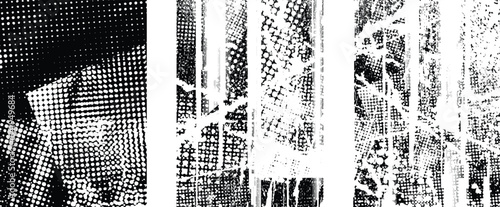 Glitch distorted grungy isolated layers . Design element for brochure, social media, posters, flyers. Overlay texture.Textured banner with Distress effect .Vector halftone dots . Screen print texture