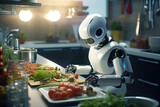 3d rendering humanoid robot cooking vegetable salad in kitchen at home.