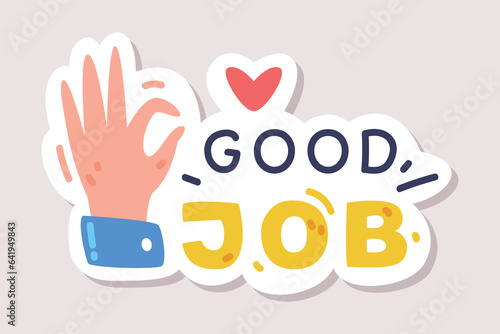 Good Job Positive Sticker Design with Ok Hand Gesture and Saying Vector Illustration