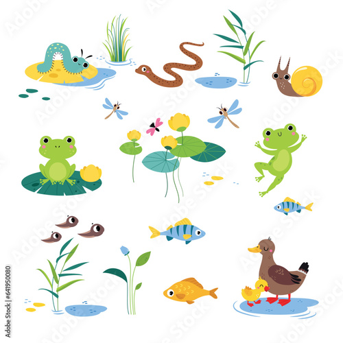 Swamp with Animals and Growing Water Plants Vector Set