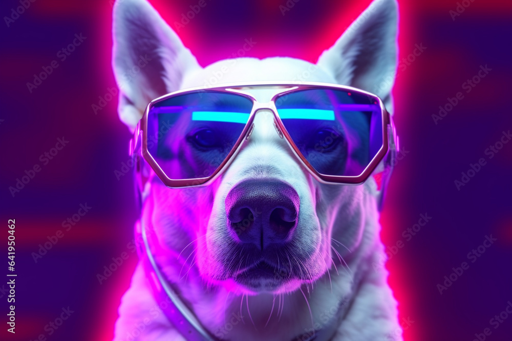 Portrait of a white dog with blue sunglasses on a purple background