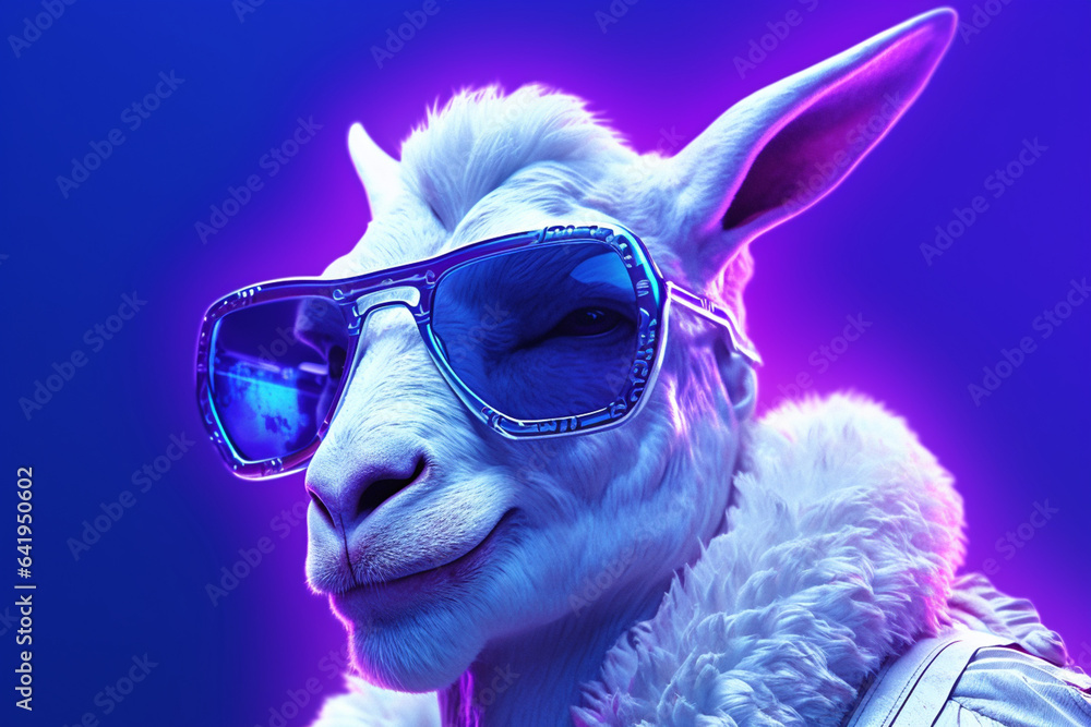Portrait of a white goat wearing sunglasses on a neon lights purple background.