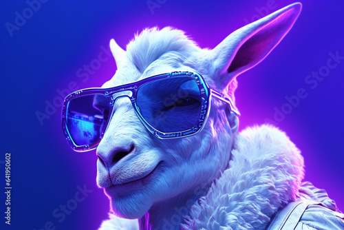 Portrait of a white goat wearing sunglasses on a neon lights purple background.