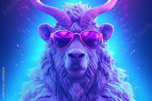 Portrait of a white goat wearing sunglasses on a neon lights purple background.