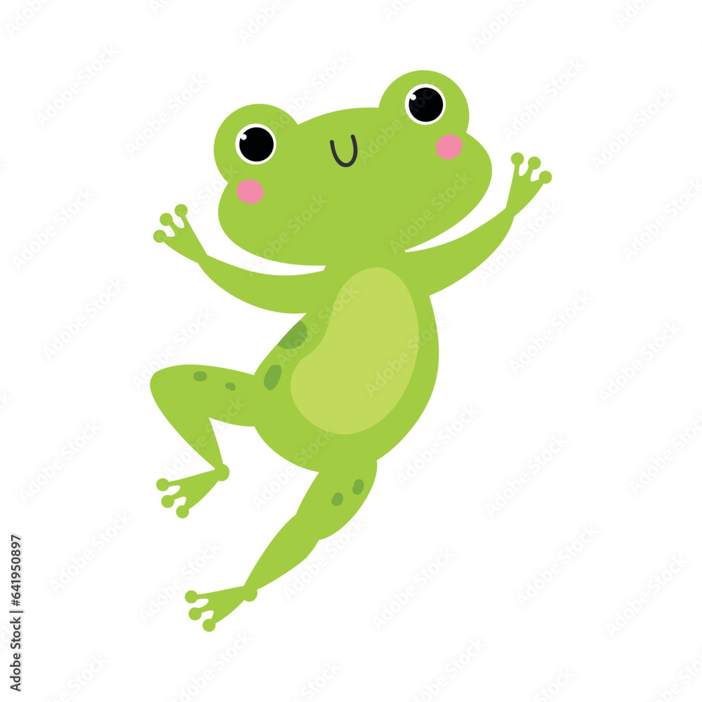 Obraz premium Happy Green Frog with Protruding Eyes Hopping and Leaping Vector Illustration
