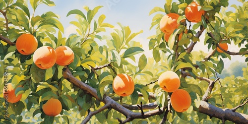 illustration of apricot garden trees, generative AI