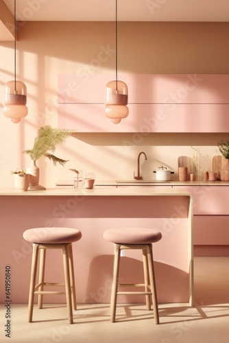 This vibrant pink kitchen features sleek furniture, modern cabinetry, and a spacious countertop, creating a warm and inviting atmosphere that is perfect for entertaining