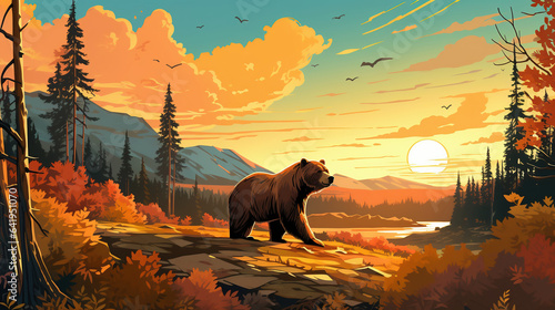 bear at sunset, wallpaper, landscape, vector, art, animal