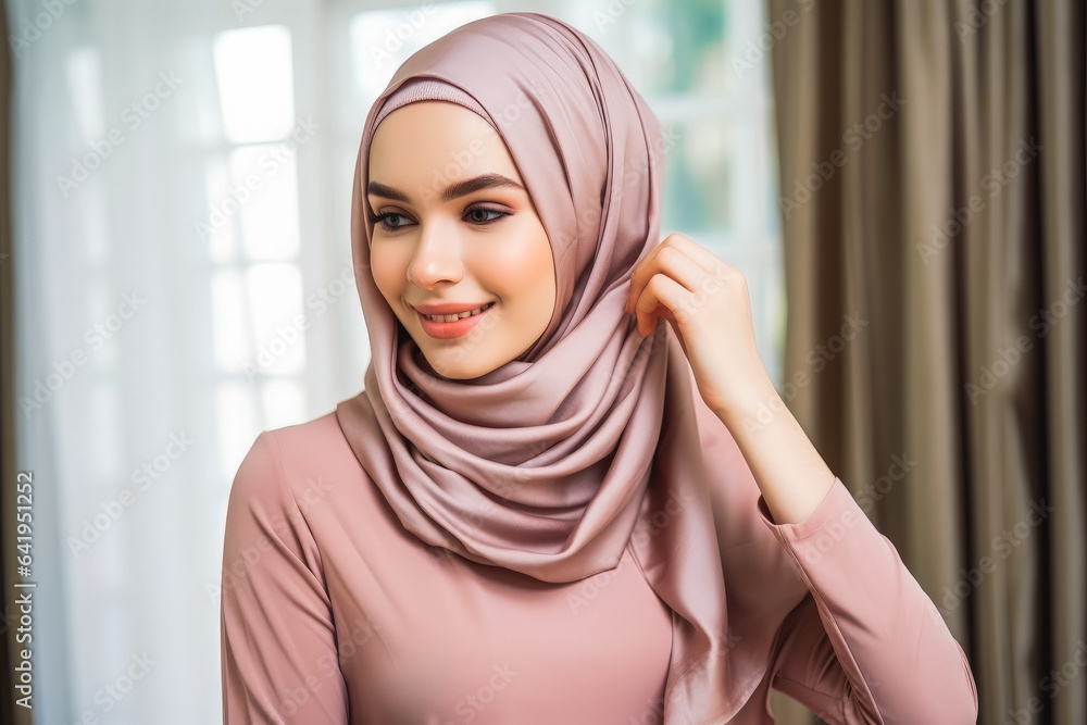 Beautiful young woman putting on hijab at home. Smiling young woman with hijab. Beautiful young woman putting on hijab at home. Smiling young woman with hijab.