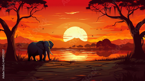elephants in the sunset, wallpaper, landscape, vector, art, animal © Anpm