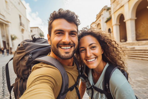 Couple of tourists taking selfie and looking at camera. Couple traveling.