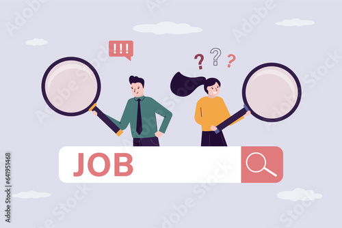 Businesspeople uses magnifying glasses and online search job. unemployment concept. Browser search bar, applicants looking for vacancies. Recruitment process,