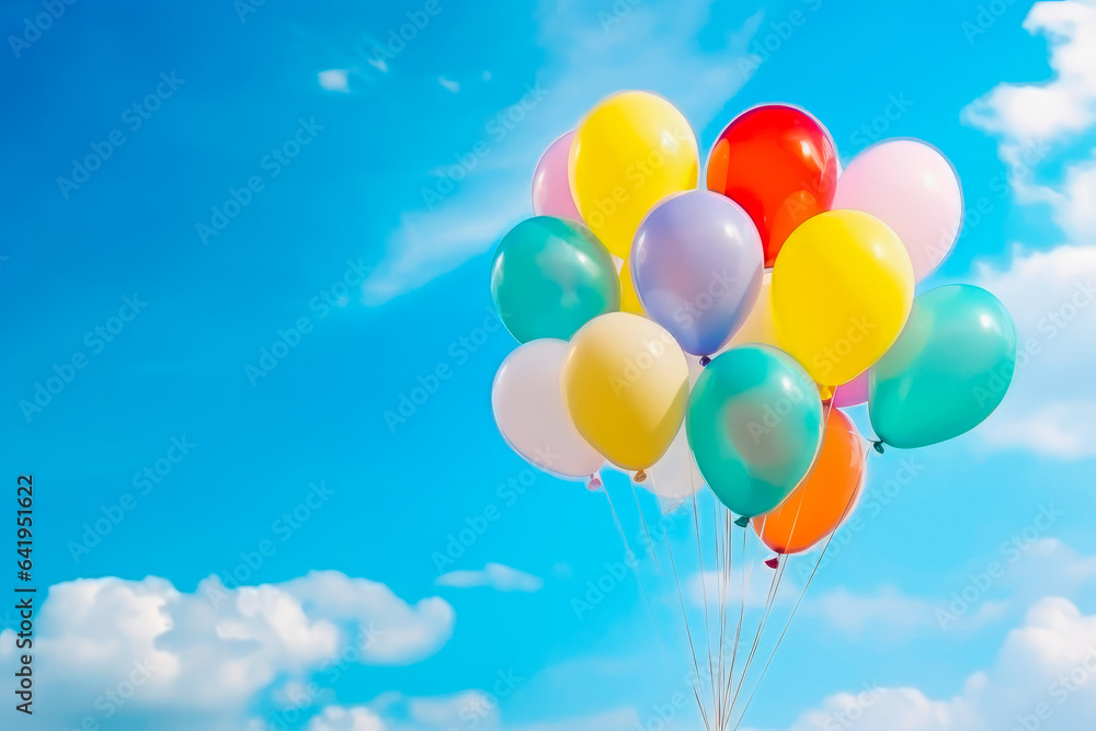 Colorful balloons floating on blue sky background. Happy birthday or celebration balloons. Colorful balloons floating on blue sky background. Happy birthday or celebration balloons.