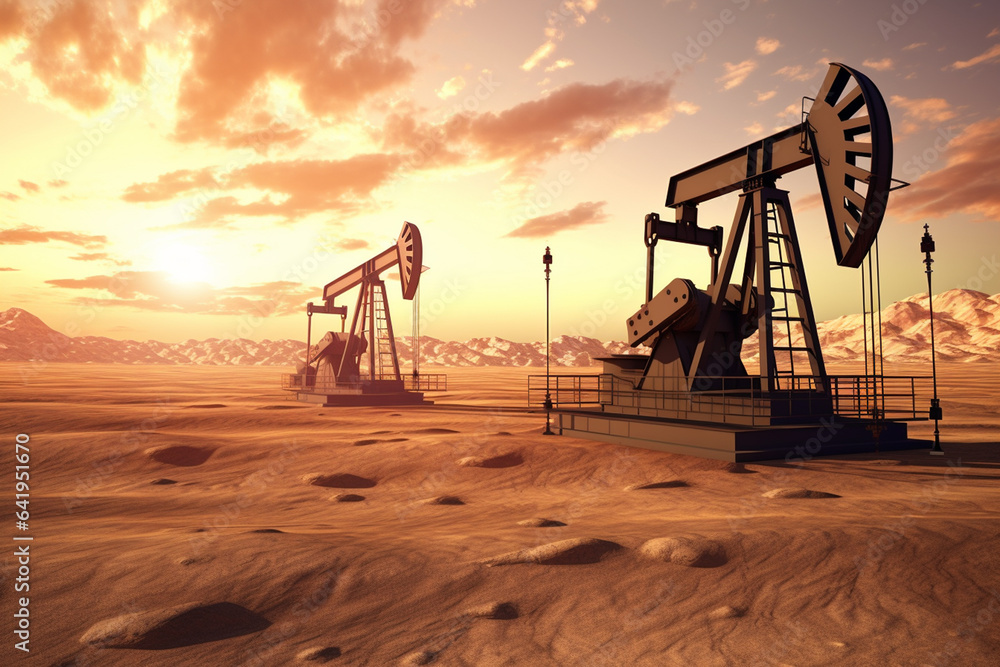 Oil pumps at sunset. Oil industry. 3d render illustration. Oil pumps at sunset. Oil industry. 3d render illustration.