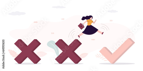 Confident woman jumping from bad luck cross to check mark. Overcoming obstacles, moving towards success. Learning from mistakes, motivation to develop and move to success.