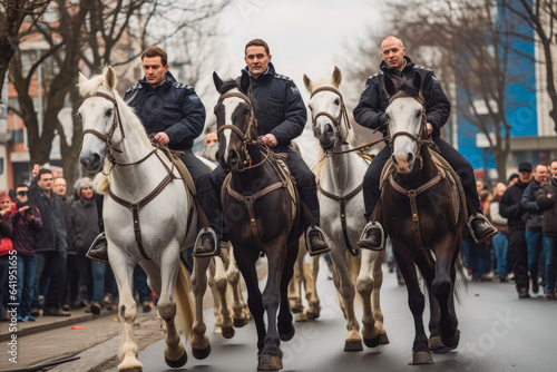 A group of policemen intimidate using horses and dogs. Order with force concept.