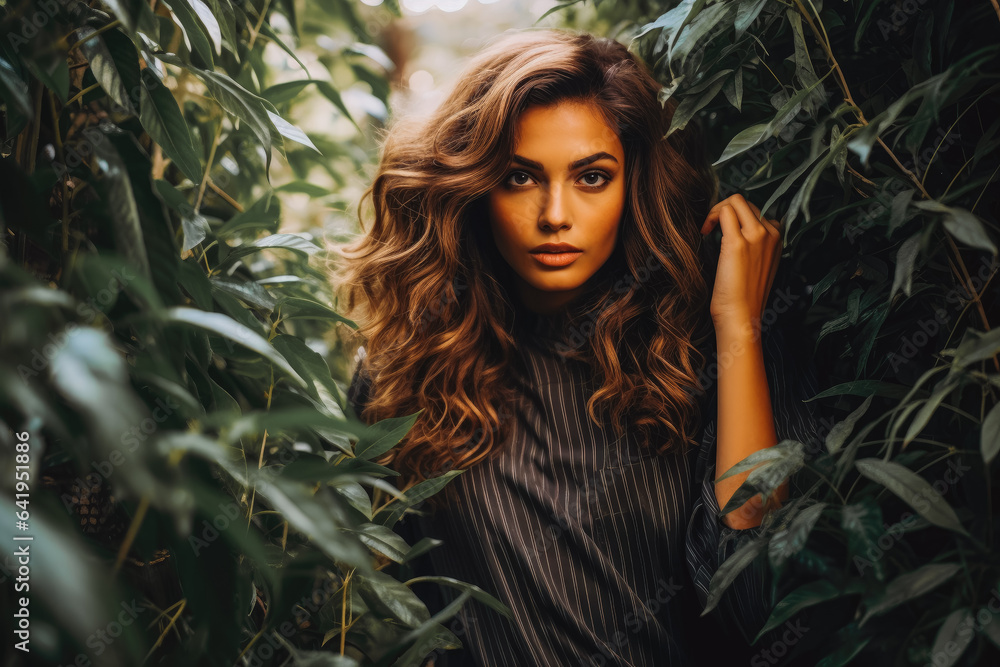 A beautiful woman model with red hair posing among tall trees. Young woman with beautiful long red hair in nature. A beautiful woman model with red hair posing among tall trees. Young woman with beautiful long red hair in nature.