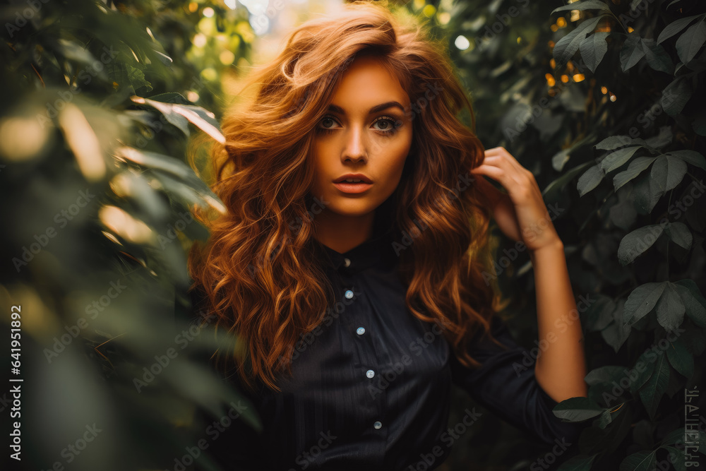 A beautiful woman model with red hair posing among tall trees. Young ...