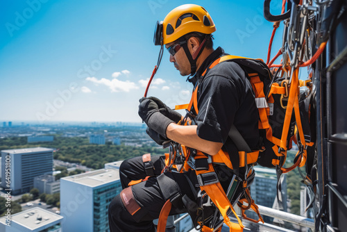 An operator hangs down outside a building secured with ropes.