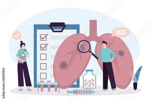 Checkup of lungs and respiratory system. Medical staff search for harmful bacteria, germs and pathogens. Doctor uses magnifying glass examines lungs.