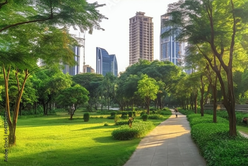 City park with skyscrapers and green grass. 3d rendering