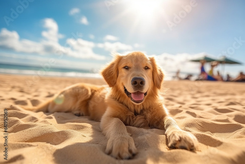 Golden Retriever lying on the sand on the beach in summer