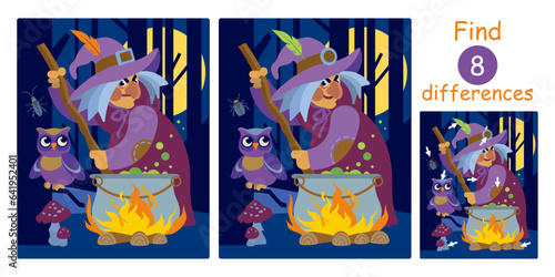 Find differences, education game for children. Cartoon witch cooking  potion with owl on dark night forest background. Halloween flat color vector illustration.