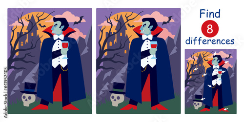 Cartoon vampire with glass of blood on dark night background with castle, bats and skull. Halloween color flat vector illustration. Find differences, education game for children. 
