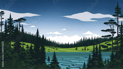 Background scene of lake and pine forest