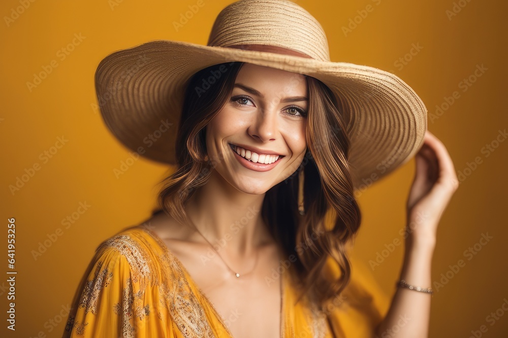 portrait of a woman in a hat on yellow background