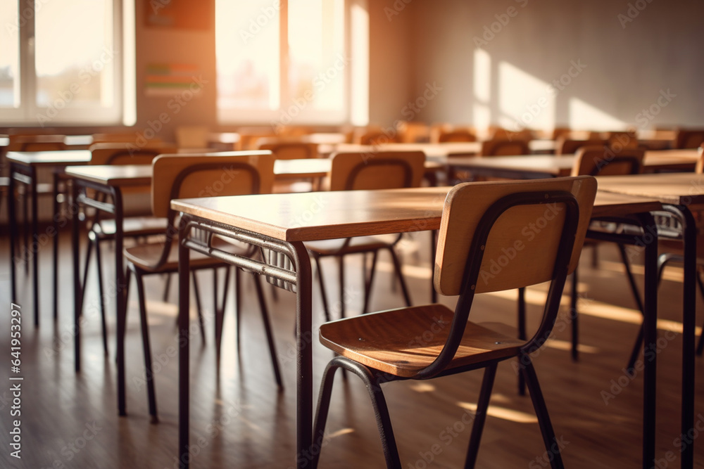 Empty chairs and tables in a school classroom with sunlight in the morning