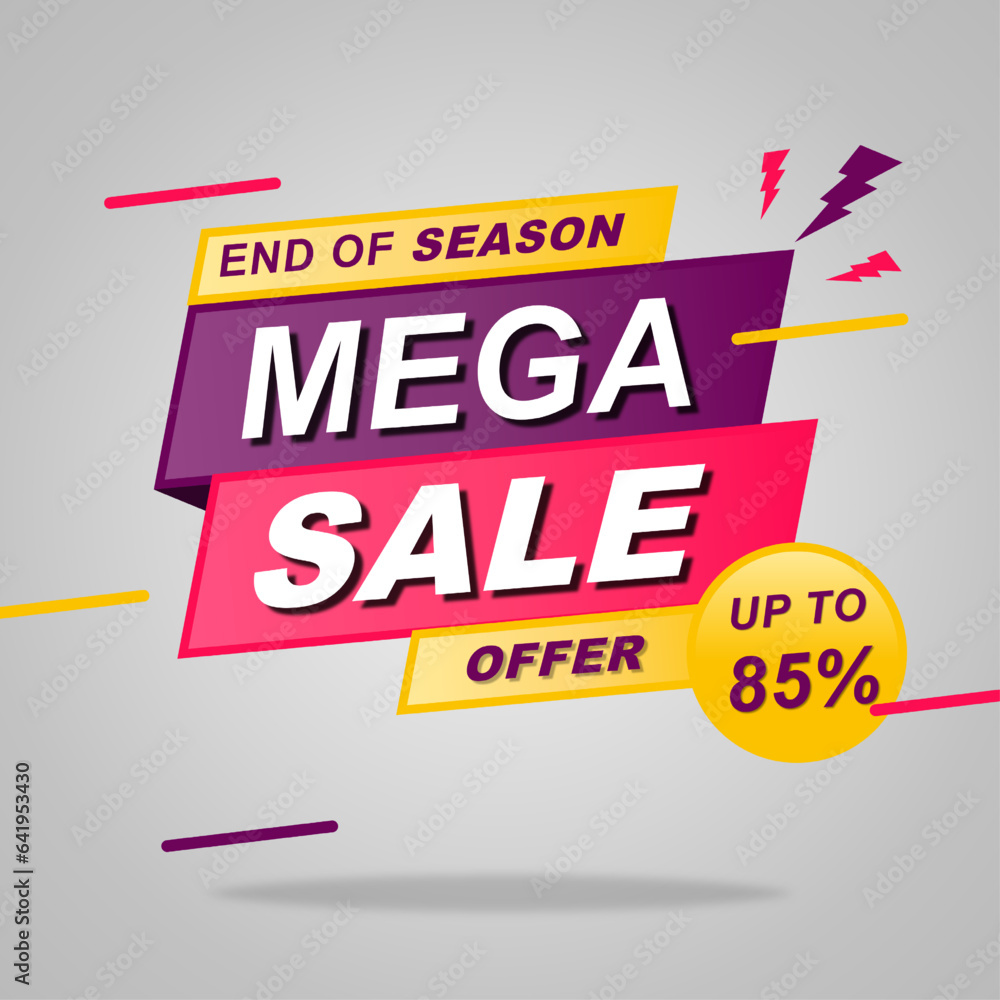 Mega sale banner template design with End of season. Up To 85% Discount. Vector illustration.