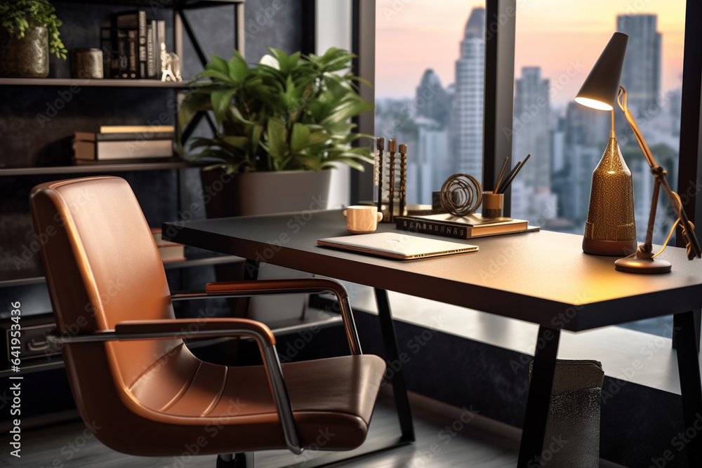 Modern office interior with furniture and city view. 3D Rendering